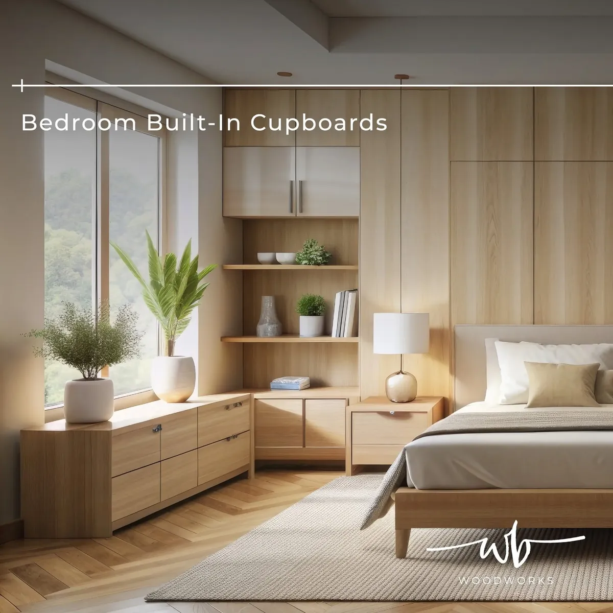 Bedroom corner with oak built-in cupboards, open shelving and low storage units beneath a large window