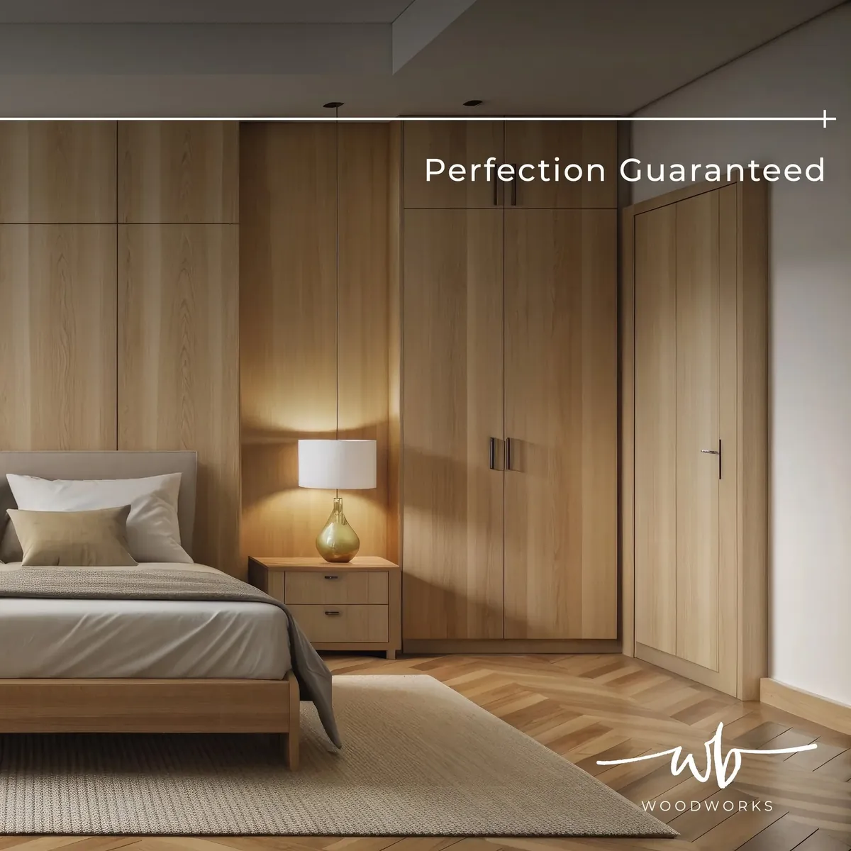 Bedroom with floor-to-ceiling oak built-in cupboards beside a bed and bedside pedestal in Bloemfontein