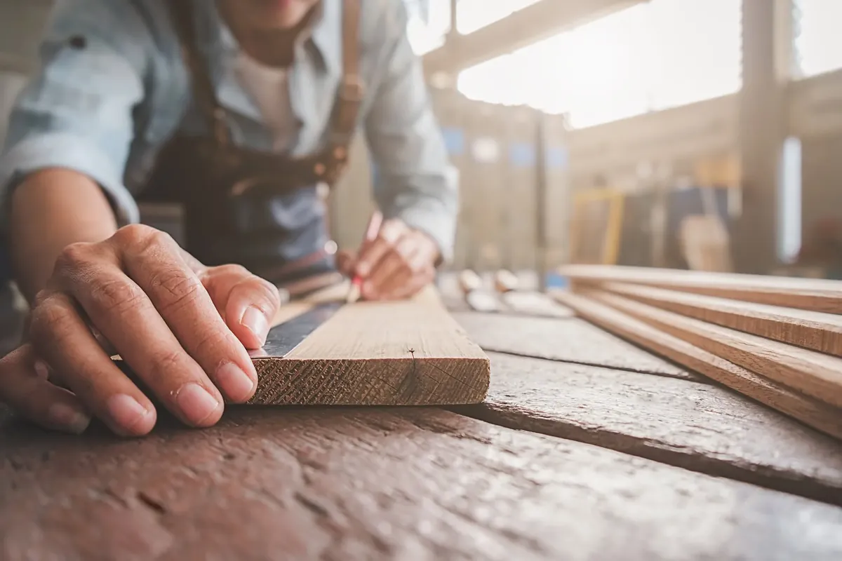 Carpenter marking a timber board with a steel square and pencil in a woodworking workshop