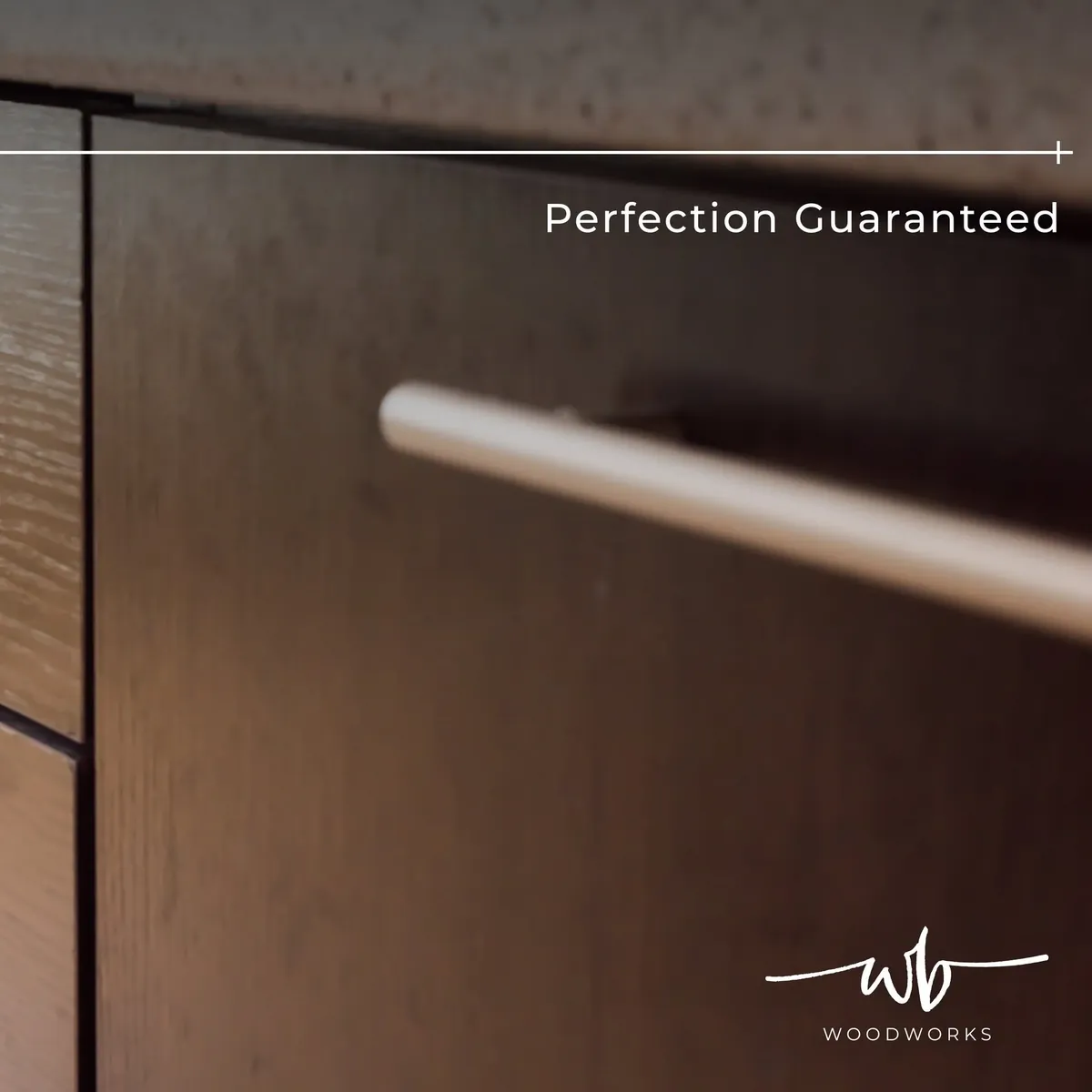 Close-up of a dark timber cupboard door with a slim brushed bar handle and fine, even gaps