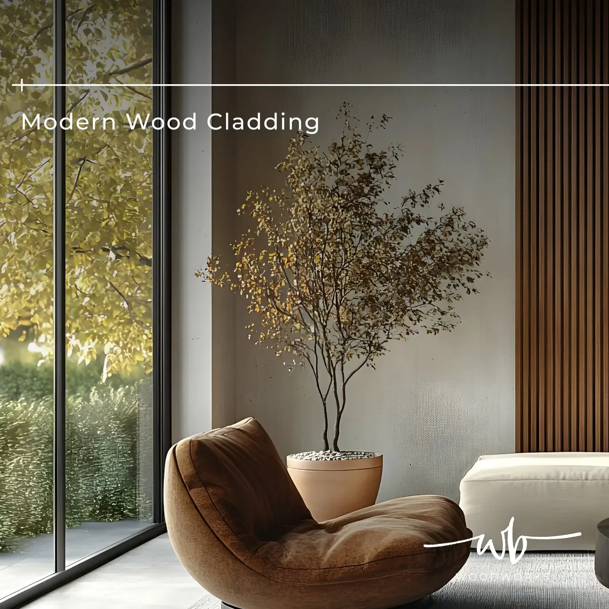 Modern lounge with vertical slatted wood wall cladding beside a floor-to-ceiling window and lounge chair